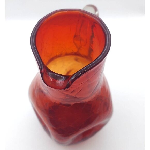 Vintage MCM Hand Blown Red Crackle Glass Pinched Pitcher Applied Clear Handle - Picture 7 of 11